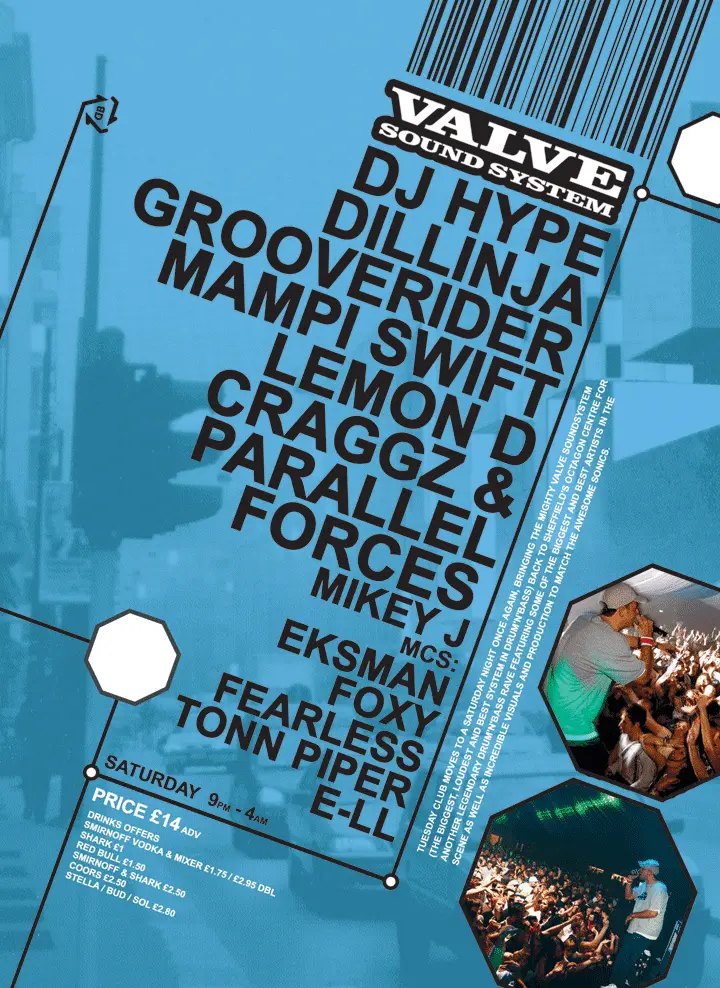 Flyer listing the artists DJ HYPE
DILLINJA
MAMPI SWIFT
LEMON D
CRAGGZ & PARALLEL FORCES
MIKEY J
EKSMAN
FOXY
TONN
PIPER
E-LL