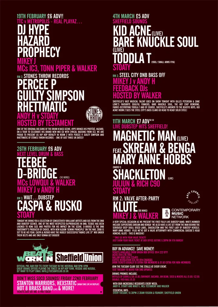 DJ Hype, Hazard, Prophecy, Percee P, Guilty Simpson, Rhettmatic, Teebee, D-Bridge, Caspa & Rusko, Kid Acne, Toddla T, Magnetic Man, Skream, Benga, Mary Anne Hobbs, Shackleton, Klute
