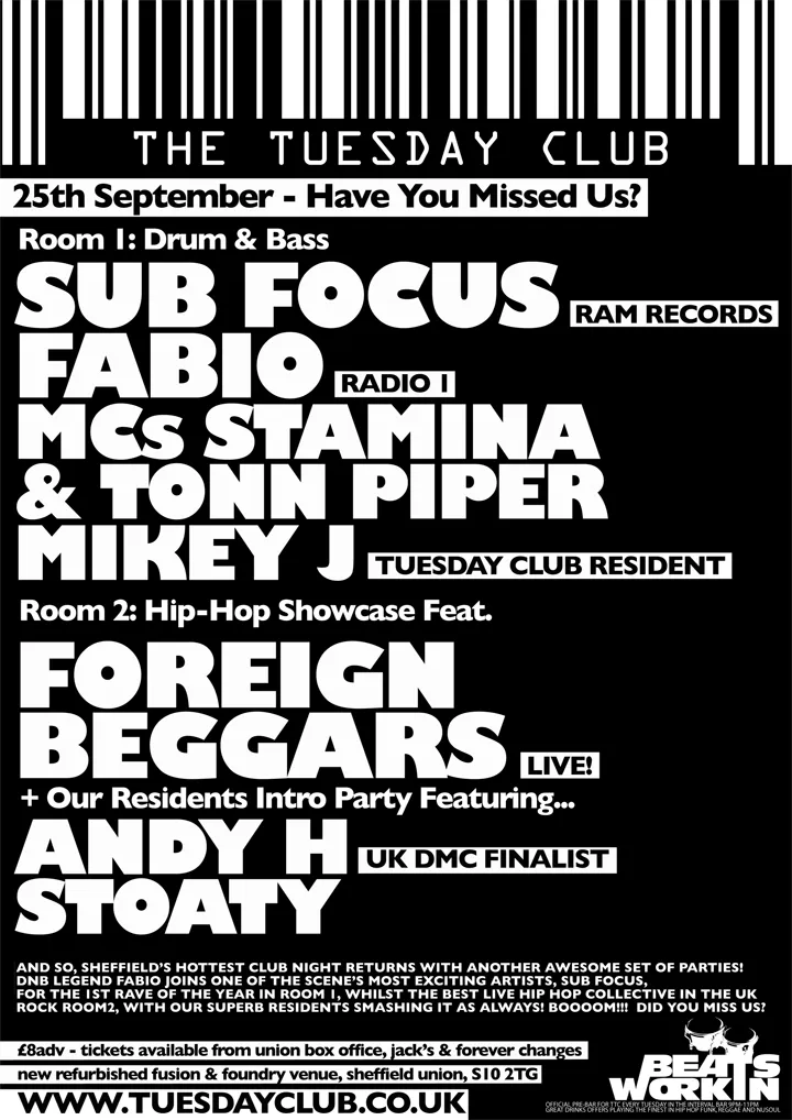 Sub Focus, Fabio, MCs Stamina & Tonn Piper, Mikey J, Foreign Beggars, Andy H, Stoaty