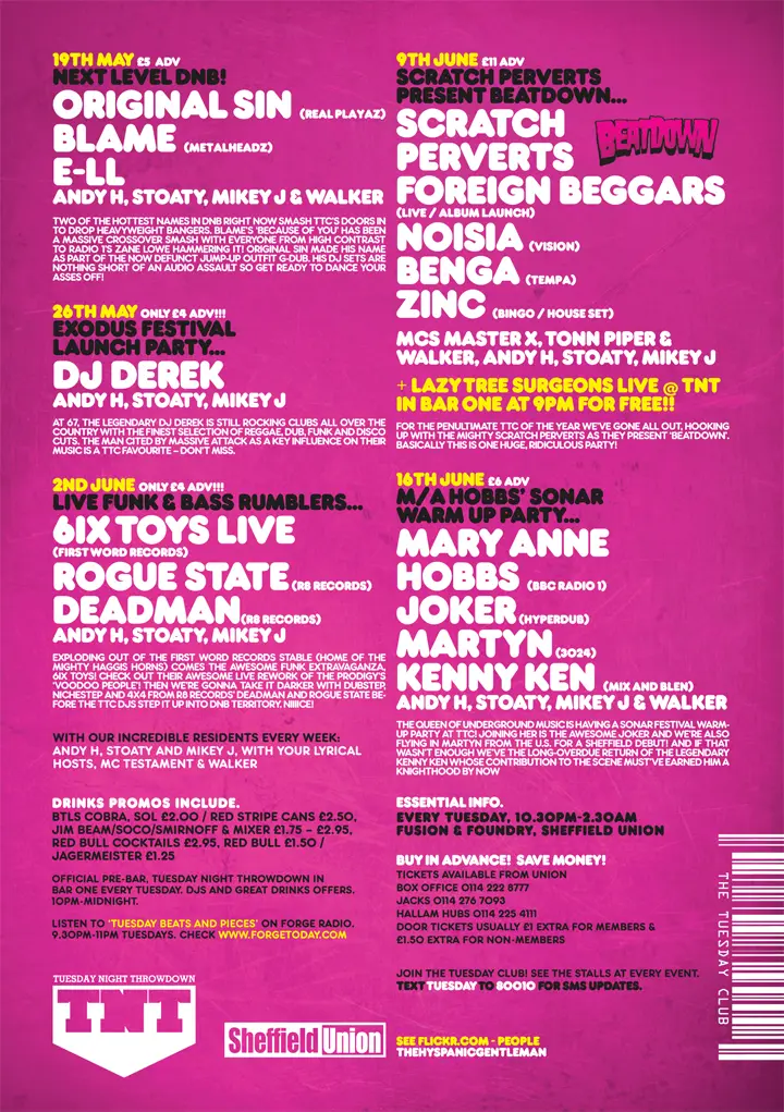 Original Sin, Blame, E-LL, DJ Derek, 6ix Toys (Live), Rogue State, Deadman, Scratch Perverts, Foreign Beggars (Live / Album Launch), Noisia, Benga, Zinc, Lazy Tree Surgeons (Live), Mary Anne Hobbs, Joker, Martyn, Kenny Ken, Andy H, Stoaty, Mikey J, MC Master X, MC Tonn Piper, MC Walker, MC Testament