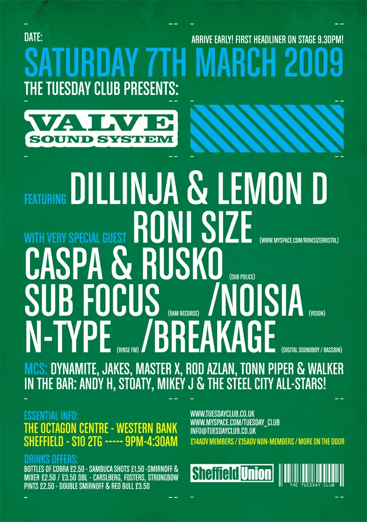 Dillinja & Lemon D, Roni Size, Caspa & Rusko, Sub Focus, Noisia, N-Type, Breakage, MCs Dynamite, Jakes, Master X, Rod Azlan, Tonn Piper, Walker, Andy H, Stoaty, Mikey J, The Steel City All-Stars