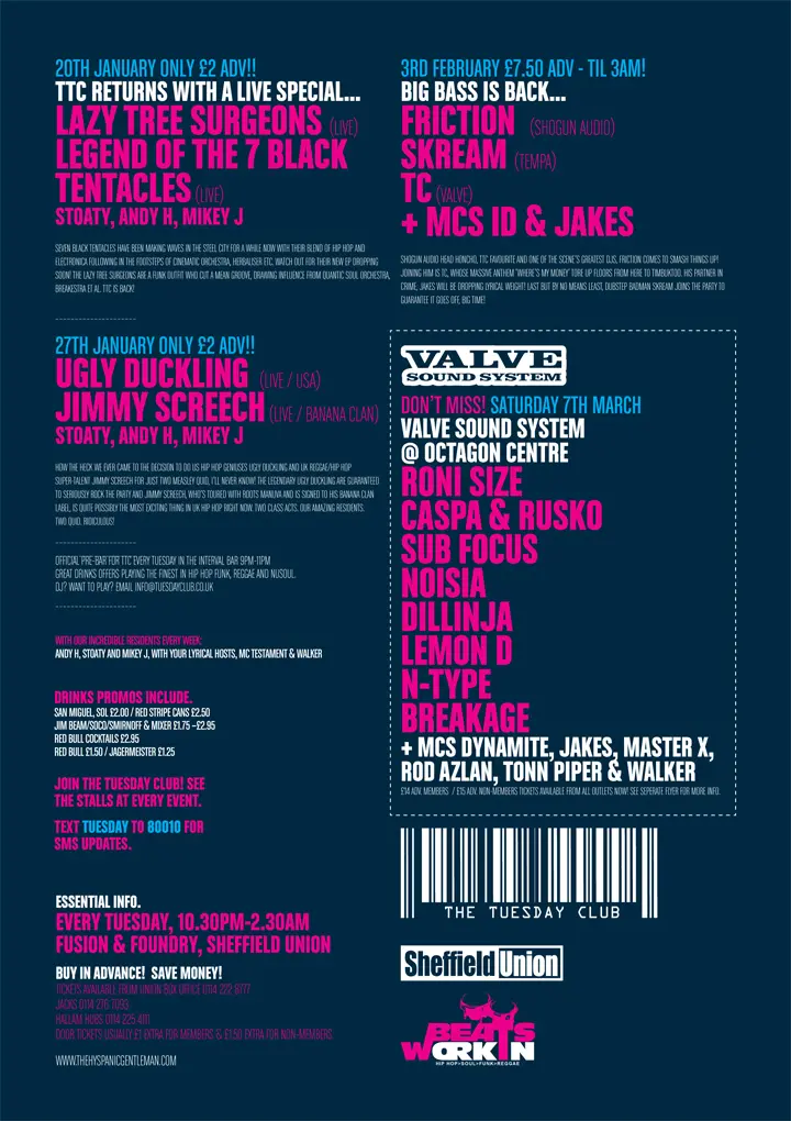 Lazy Tree Surgeons, Legend of the 7 Black Tentacles, Stoaty, Andy H, Mikey J, Ugly Duckling, Jimmy Screech, Friction, Skream, TC, MC ID, MC Jakes, Roni Size, Caspa, Rusko, Sub Focus, Noisia, Dillinja, Lemon D, N-Type, Breakage, MC Dynamite, Master X, Rod Azlan, Tonn Piper, Walker