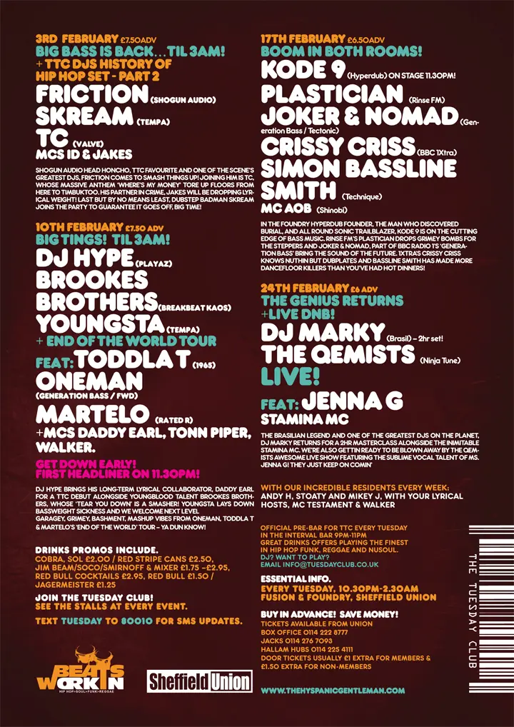 Friction, Skream, TC, MC ID, MC Jakes, DJ Hype, Brookes Brothers, Youngsta, Toddla T, One Man, Martelo, Daddy Earl, Tonn Piper, Walker, Kode9, Plastician, Joker, Nomad, Crissy Criss, Simon Bassline Smith, MC AOB, DJ Marky, The Qemists, Jenna G, Stamina MC