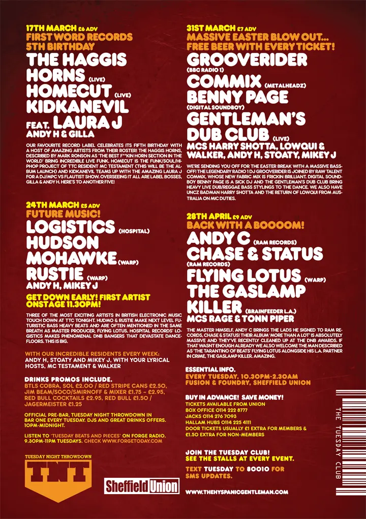 The Haggis Horns (Live), Homecut (Live), Kidkanevil feat. Laura J, Logistics, Hudson Mohawke, Rustie, Grooverider, Commix, Benny Page, Gentleman's Dub Club (Live), Andy C, Chase & Status, Flying Lotus, The Gaslamp Killer, Andy H, Gilla, Mikey J, Stoaty, MC Harry Shotta, MC Lowqui, MC Walker, MC Rage, MC Tonn Piper, MC Testament
