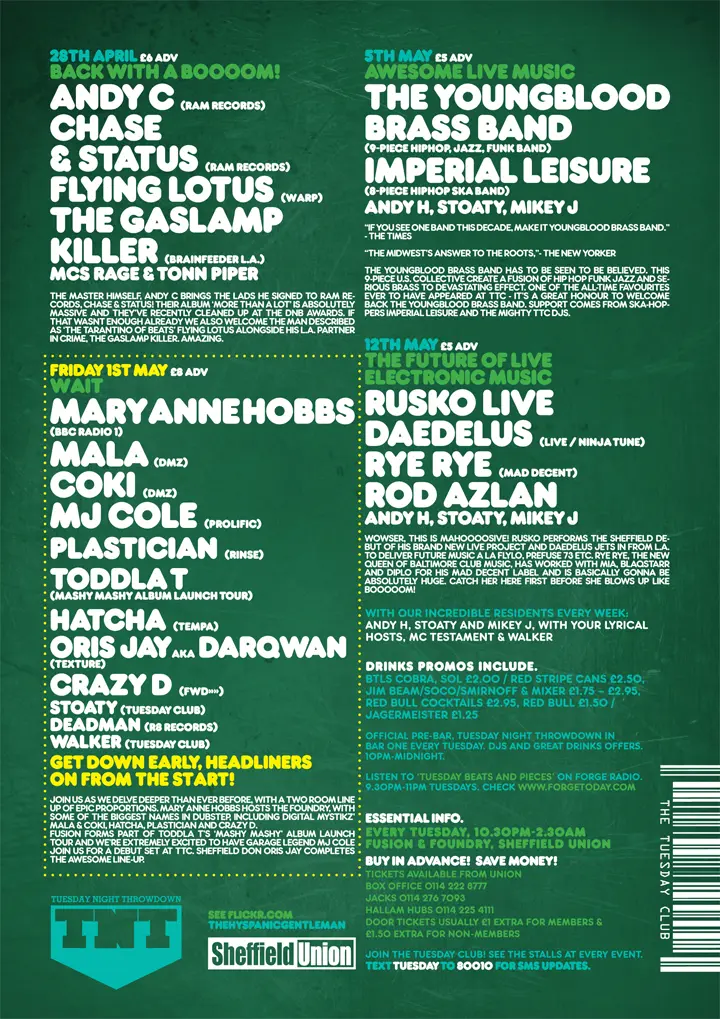 Andy C, Chase & Status, Flying Lotus, The Gaslamp Killer, MC Rage, Tonn Piper, Mary Anne Hobbs, Mala, Coki, MJ Cole, Plastician, Toddla T, Hatcha, Oris Jay aka Darqwan, Crazy D, Stoaty, Deadman, Walker, The Youngblood Brass Band, Imperial Leisure, Andy H, Mikey J, Rusko (Live), Daedelus (Live), Rye Rye, Rod Azlan, MC Testament