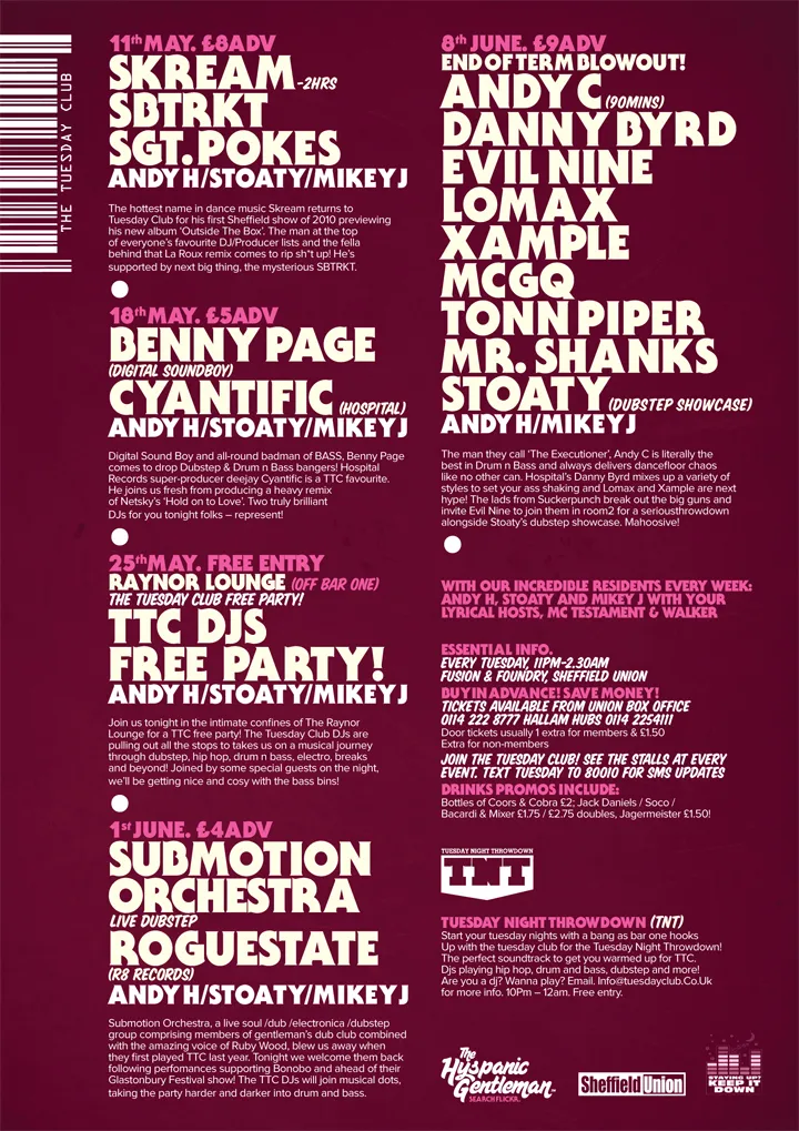 Skream, SBTRKT, Sgt. Pokes, Benny Page, Cyantific, TTC DJs, Submotion Orchestra, Roguestate, Andy C, Danny Byrd, Evil Nine, Lomax, Xample, MC GQ, Tonn Piper, Mr. Shanks, Stoaty, Andy H, Mikey J