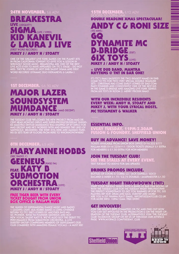 Breakestra, Sigma, Kid Kanevil & Laura J, Major Lazer Soundsystem, Mumdance, Mary Anne Hobbs, Geeneus, Katy B, Submotion Orchestra, Andy C, Roni Size, GQ, Dynamite MC, D-Bridge, 6ix Toys, Mikey J, Andy H, Stoaty