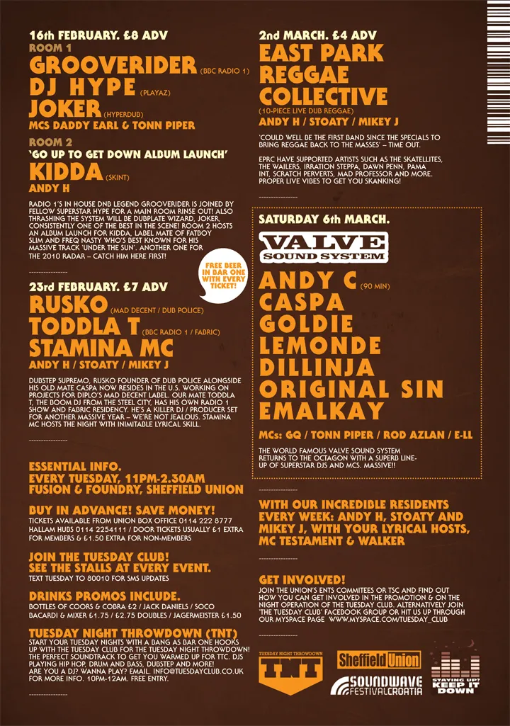 Grooverider, DJ Hype, Joker, MCs Daddy Earl & Tonn Piper, Kidda, Andy H, Rusko, Toddla T, Stamina MC, East Park Reggae Collective, Andy C, Caspa, Goldie, Lemon D, Dillinja, Original Sin, Emalkay, MCs GQ, Tonn Piper, Rod Azlan & E-LL