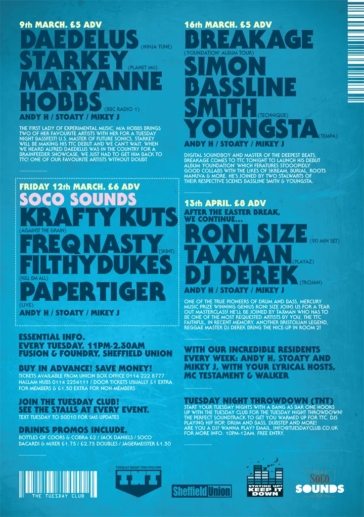 Daedelus, Starkey, Mary Anne Hobbs, Andy H, Stoaty, Mikey J, Krafty Kuts, Freqnasty, Filthy Dukes, Paper Tiger, Breakage, Simon Bassline Smith, Youngsta, Roni Size, Taxman, DJ Derek