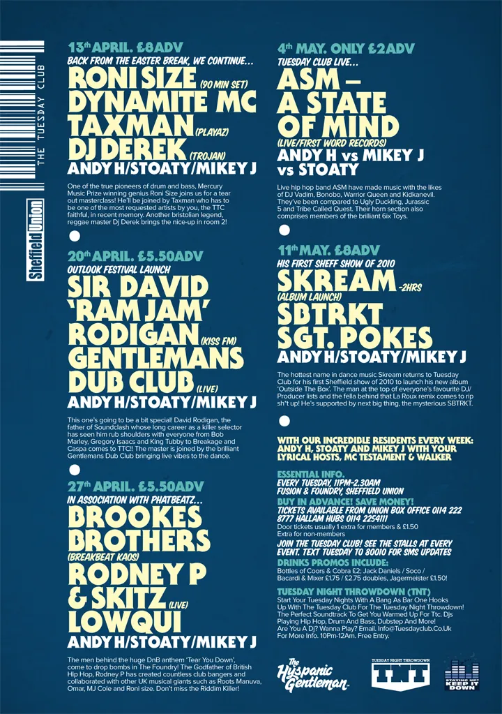 Roni Size, Dynamite MC, Taxman, DJ Derek, Sir David 'Ram Jam' Rodigan, Gentleman's Dub Club, Brookes Brothers, Rodney P & Skitz, Lowqui, ASM - A State of Mind, Skream, SBTRKT, Sgt. Pokes, Andy H, Stoaty, Mikey J
