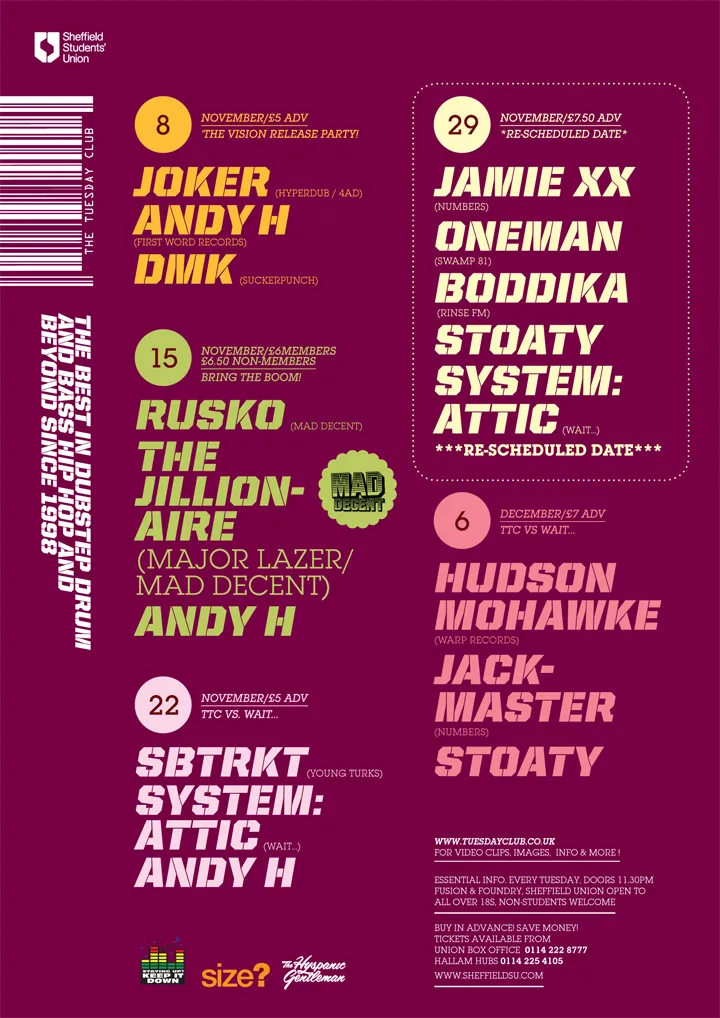 Joker, Andy H, DMK, Rusko, The Jillionaire, SBTRKT, System:Attic, Jamie XX, Oneman, Boddika, Stoaty, Hudson Mohawke, Jackmaster