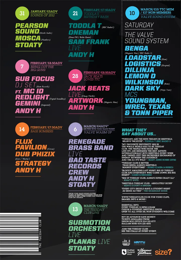 Pearson Sound, Mosca, Stoaty, Sub Focus DJ Set ft. MC ID, Redlight, Gemini, Andy H, Flux Pavilion, Dub Phizix, Strategy, Toddla T, Oneman, Sam Frank Live, Jack Beats Live, Artwork, Renegade Brass Band Live, Bad Taste Records Crew, Submotion Orchestra Live, Planas Live, Benga, Loadstar, Logistics, Dillinja, Lemon D, Wilkinson, Dark Sky, Youngman, Wrec, Texas & Tonn Piper
