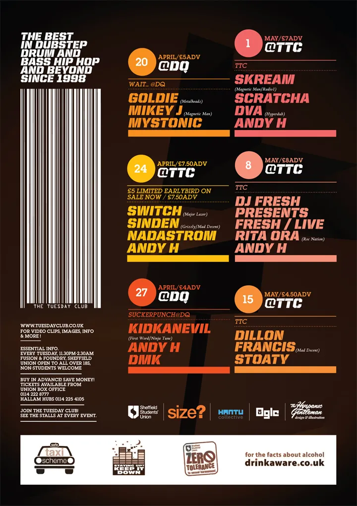 Goldie, Mikey J, Mystonic, Switch, Sinden, Nadastrom, Andy H, Kidkanevil, DMK, Skream, Scratcha DVA, DJ Fresh presents Fresh/Live, Rita Ora, Dillon Francis, Stoaty