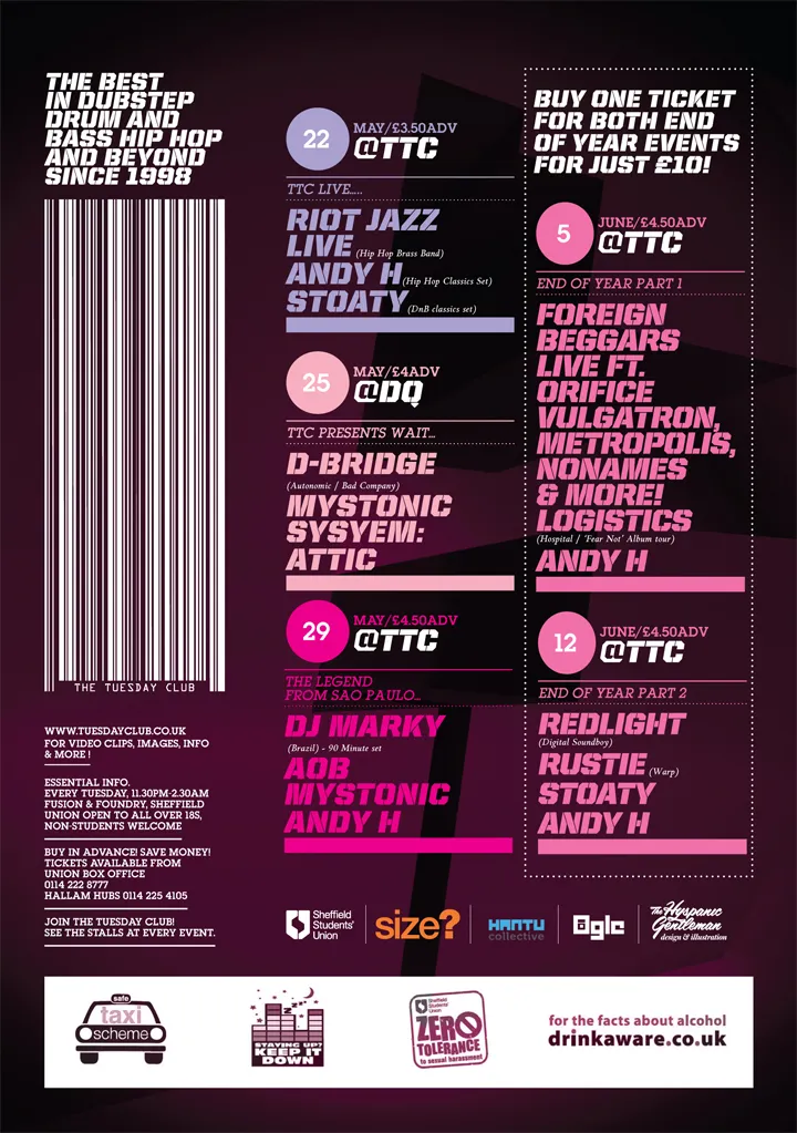 Riot Jazz Live, Andy H, Stoaty, D-Bridge, Mystonic, System:Attic, DJ Marky, AOB, Foreign Beggars Live ft. Orifice Vulgatron, Metropolis, Nonames, Logistics, Redlight, Rustie