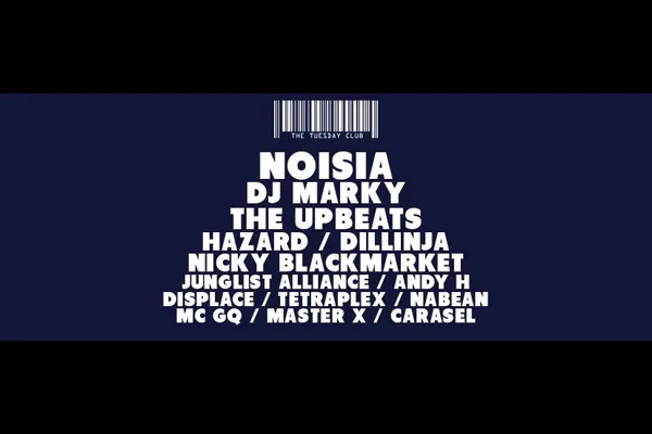 Flyer: Noisia, DJ Marky, DJ Hazard, Dillinja, MC GQ, Master X, Carasel MC, Nicky Blackmarket, Junglist Alliance, Andy H, Displace