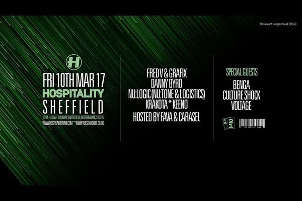 Flyer: Hospitality — FRED V & GRAFIX, DANNY BYRD, NU:LOGIC, KRAKOTA, KEENO, BENGA, CULTURE SHOCK, VOLTAGE, ANDY H, DEADMAN